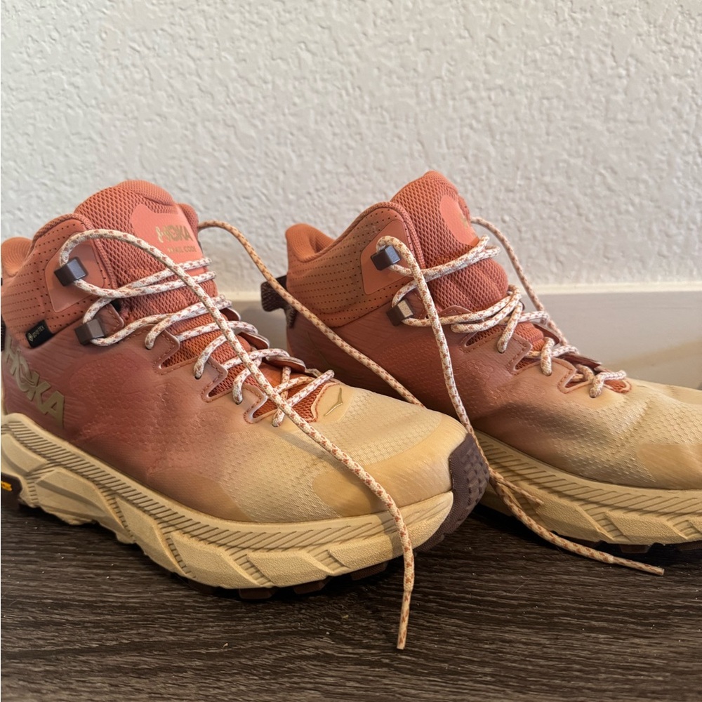 Hoka Peach and Tan Trail Shoes